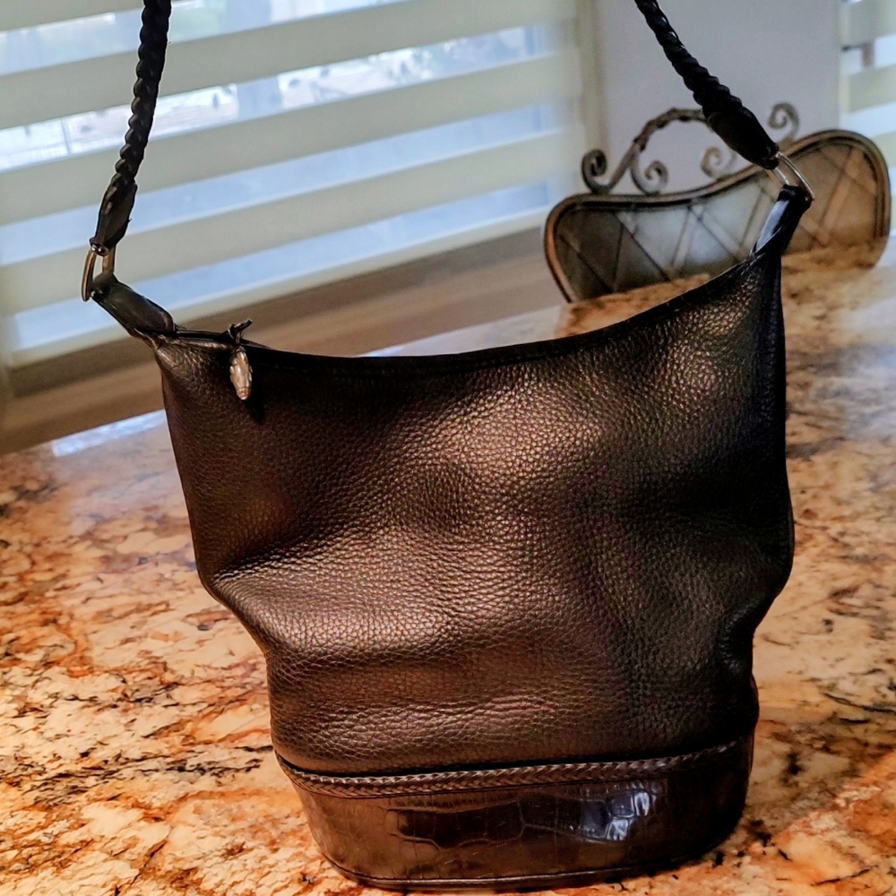 Black Textured Leather Brighton Bucket bag, 10.5" X 8", nice shape